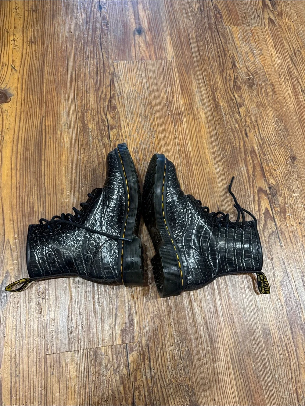 Dr. Martens Black Croc-Embossed Lace-Up Boots with Yellow Stitching